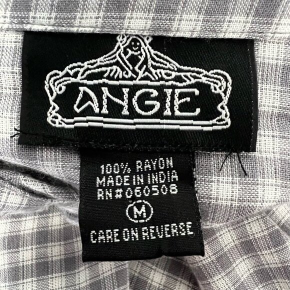 Angie Womens Button Up Shirt Gray Plaid Long Sleeve Cuff Collar Pocket Rayon M - Picture 11 of 11